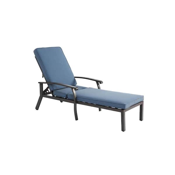 1-Piece Aluminum Outdoor Chaise Lounge Chair with Blue Cushion and 5-Level Adjustable Backrest