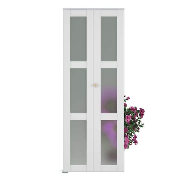 28 in. x 78.75 in. 3-Lite Frosted Glass Solid Core White Finished MDF Composite Bi-Fold Door with Hardware