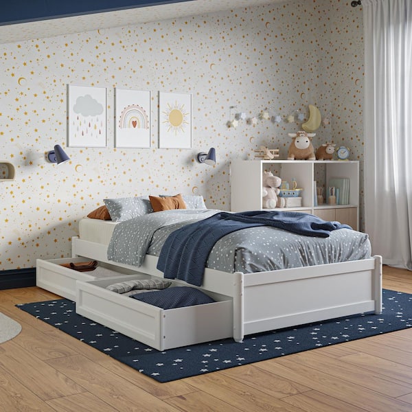 AFI Barcelona White Solid Wood Frame Twin Panel Platform Bed with Storage Drawers