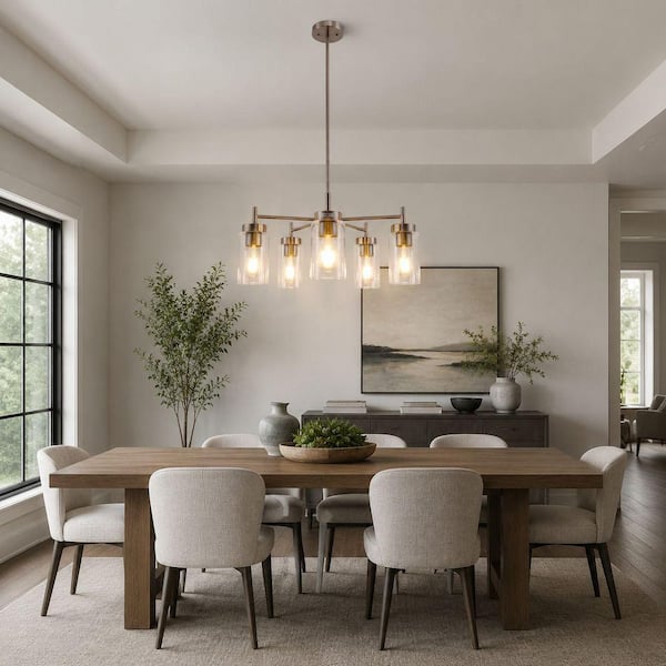 5-Light Pendant Light Perfect for Kitchen or Bedroom in Brushed Nickel with Clear Glass Shades