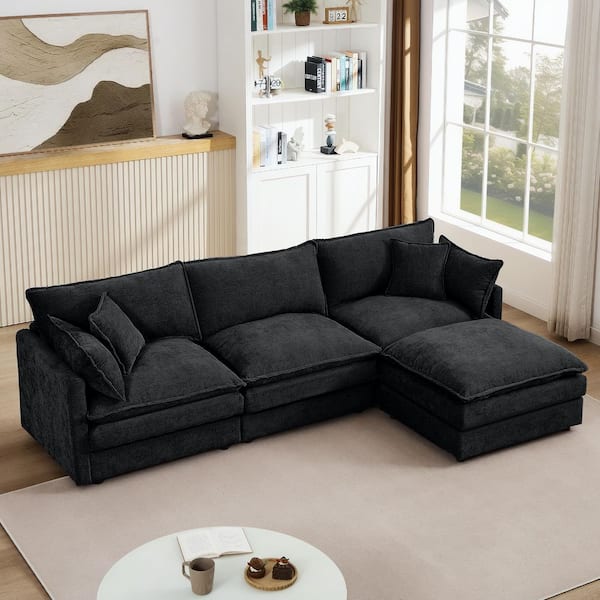 Shawn Modern 102 in. Upholstered Chenille L-Shaped Modular Sectional Sofa in Black with Ottoman, Pillows, DIY