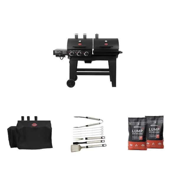 Double Play 3-Burner Gas/Charcoal Grill with Cover, Tool Set and Lump Charcoal (2-Pack) (8 Piece)