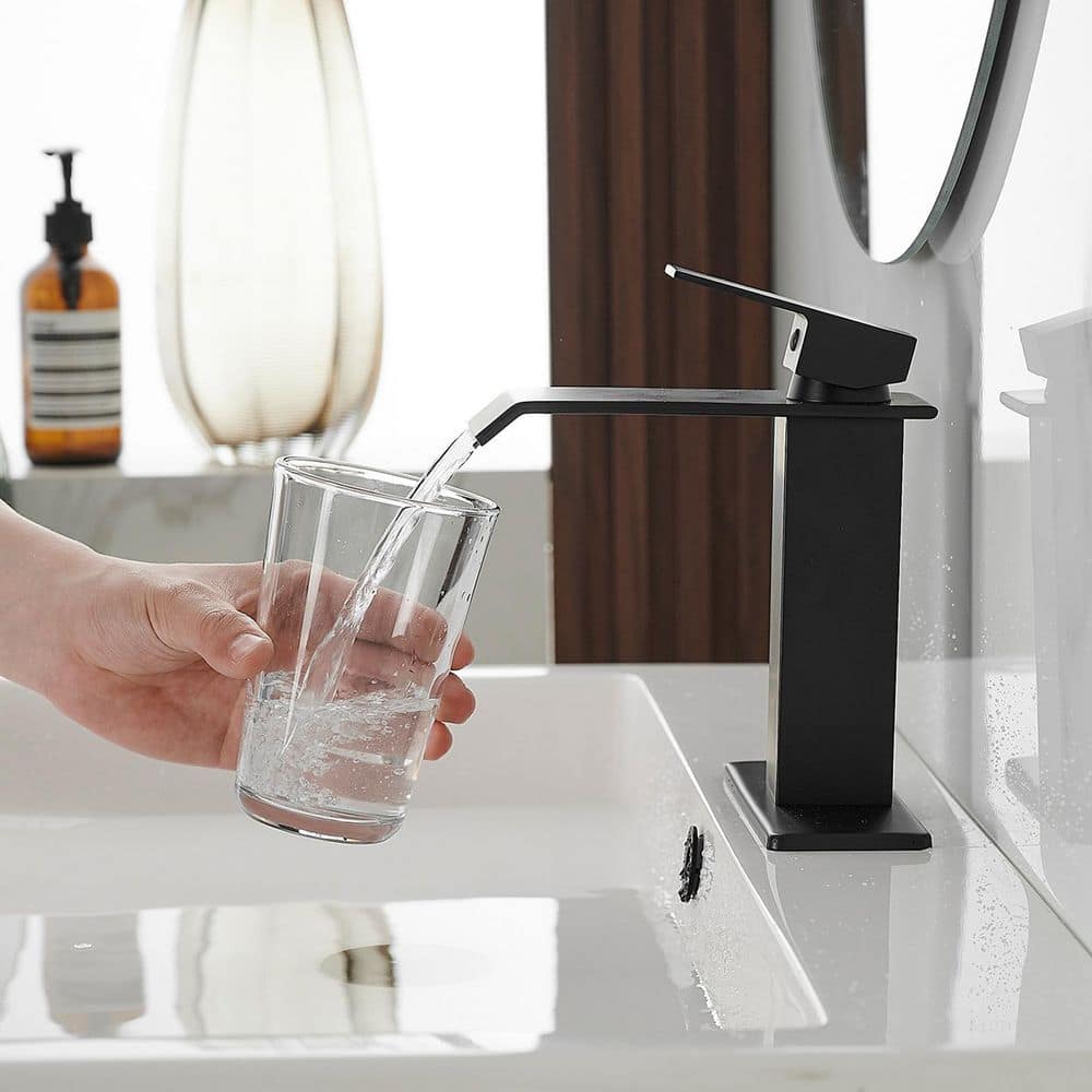 Matte Black Single-Handle Waterfall Bathroom Faucet with Supply Line