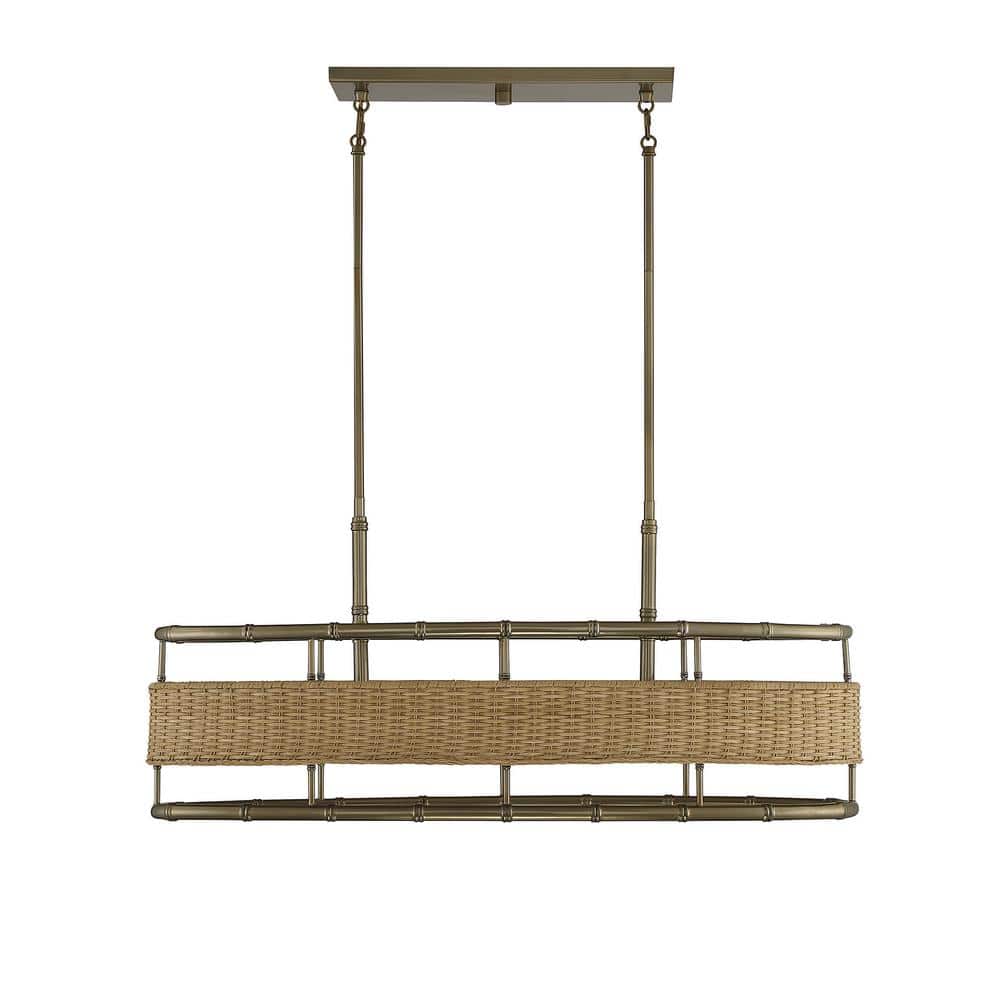 Arcadia 4-Light Linear Chandelier in Warm Brass with Natural Rattan