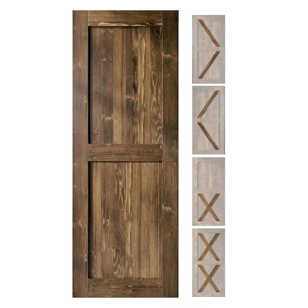 HOMACER 36 in. x 80 in. 5-in-1 Design Walnut Solid Natural Pine Wood Panel Interior Sliding Barn Door Slab with Frame
