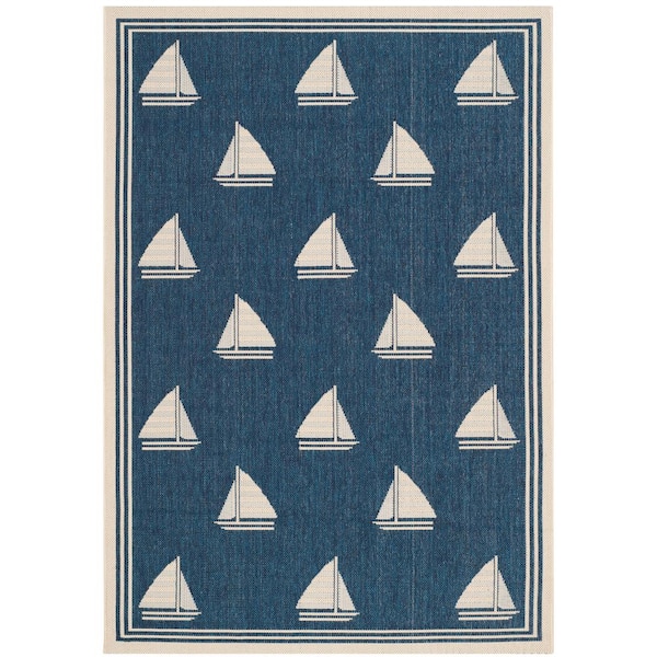 SAFAVIEH Courtyard Navy/Beige Doormat 3 ft. x 5 ft. Border Indoor/Outdoor Patio Area Rug