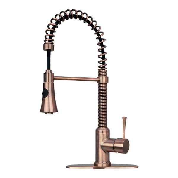 Akicon Single Handle Deck Mount Gooseneck Pull-Down Sprayer Kitchen Faucet with Deck Plate and Handles in Antique Copper
