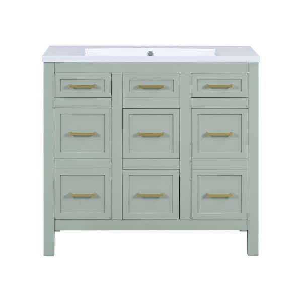 JimsMaison 36 in. W x 18 in. D x 34 in. H Freestanding Bath Vanity in Green with White Resin Top