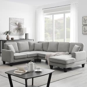 108 in. Flared Arm 4-Piece U Shaped Linen Modern Sectional Sofa with 3 Pillows in Gray