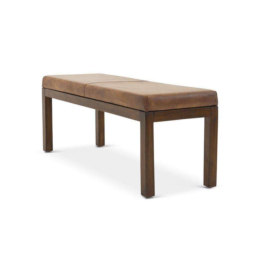 Komodo Mid-Century Modern Genuine Leather Upholstered Bench with Stitching in Tan (17 in. H x 48 in. W x 16 in. D)