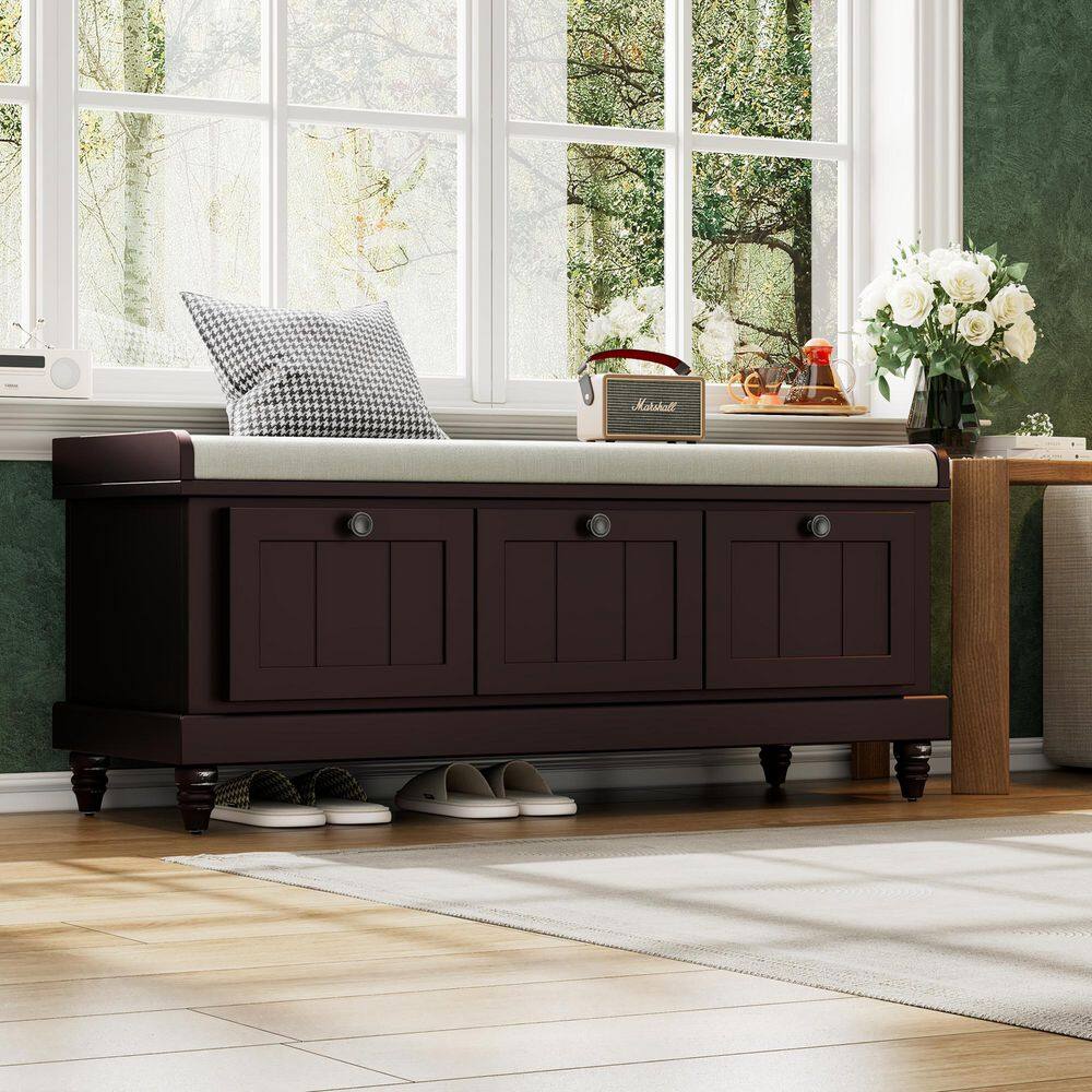 19 in. H x 44 in. W Brown Rubber Wood Shoe Storage Bench with Cushion and 3-Drawer for Hallway, Living Room