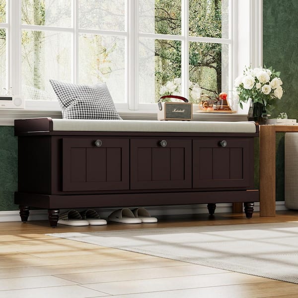 19 in. H x 44 in. W Brown Rubber Wood Shoe Storage Bench with Cushion and 3-Drawer for Hallway, Living Room