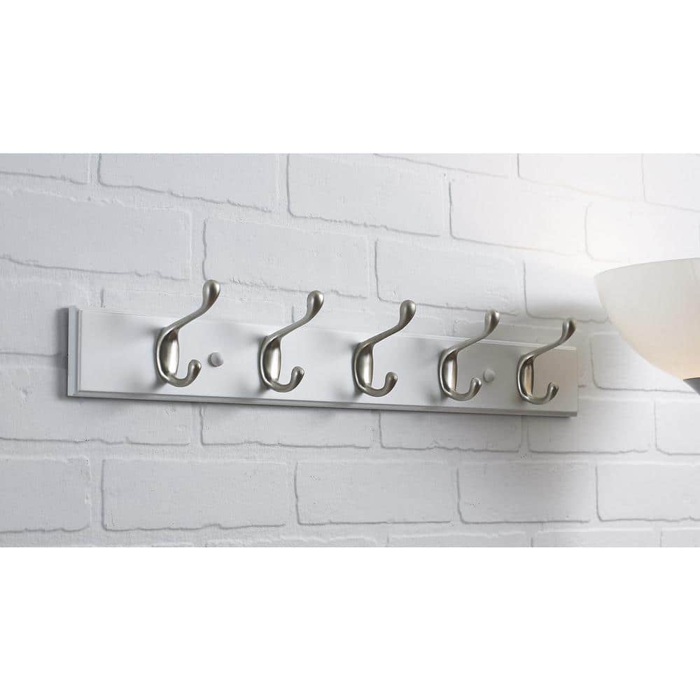 Brushed Nickel and White 24" 5-Hook Wall Rack