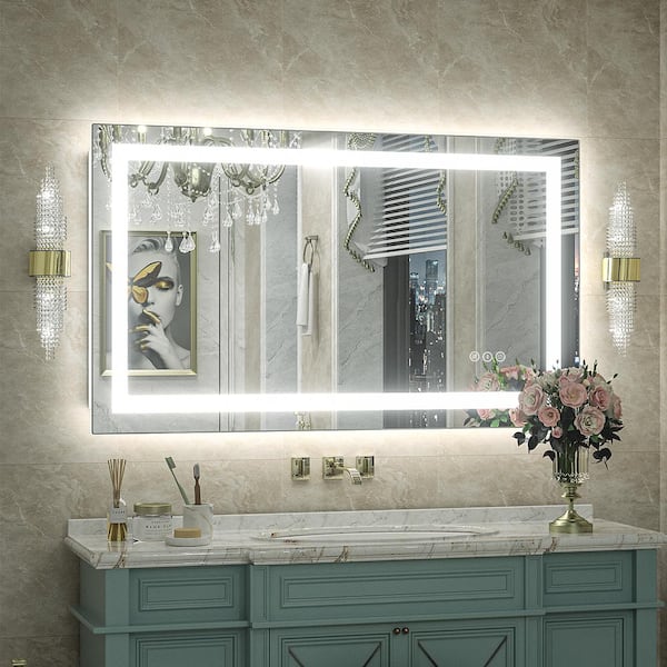 Apmir 40 in. W x 24 in. H Rectangular Frameless Double LED Lights Anti-Fog Wall Bathroom Vanity Mirror in Tempered Glass