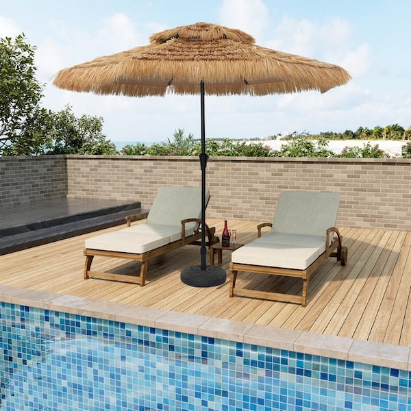 10 ft. Thatched Tiki Beach Umbrella 2-Tier Patio Umbrella with LED Light and Round Umbrella Base in Natural Color