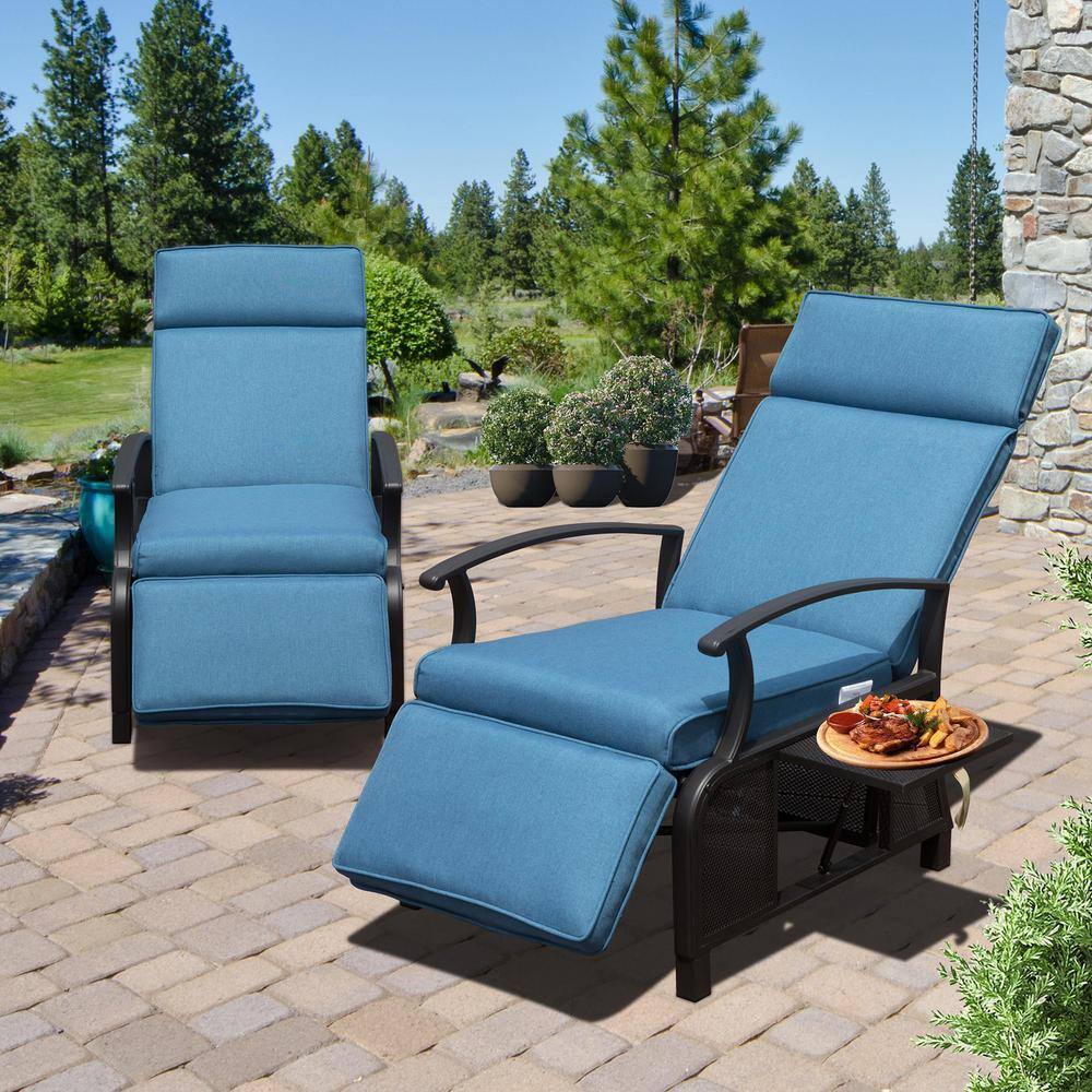 Metal Outdoor Adjustable Recliner, Patio Lounge Chair with Flip Table and R