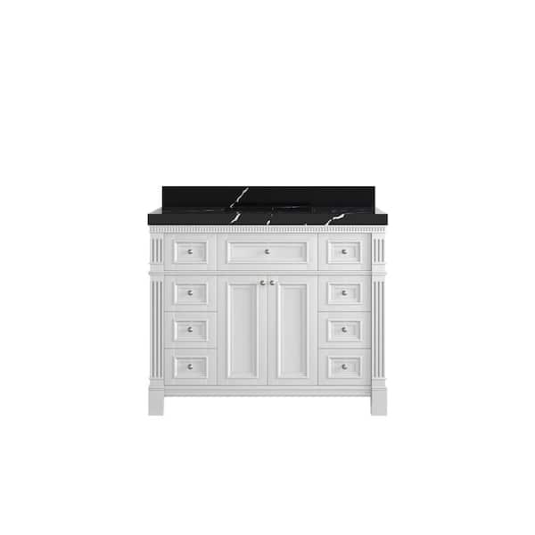 Willow Collections Paris 42 in. Single Sink Freestanding White Bath Vanity with Calacatta Black Qt. Top