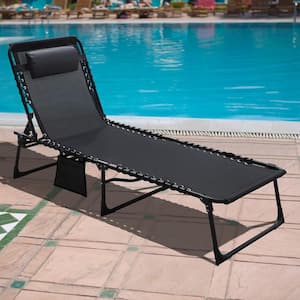 Lounge Chairs For Outside 4-Position Chaise Lounge Chair With Pillow and Side Pocket, Black