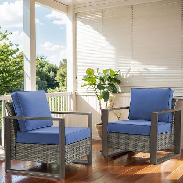 Gymojoy Allcot Gray Powder-Coated Steel Wicker Outdoor Lounge Chair with CushionGuard Blue Cushions (2-Pack)