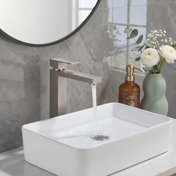 Vessel Faucet Single Handle Single Hole Bathroom Faucet Splash-Free with Pop-Up Drain Set in Brushed Nickel