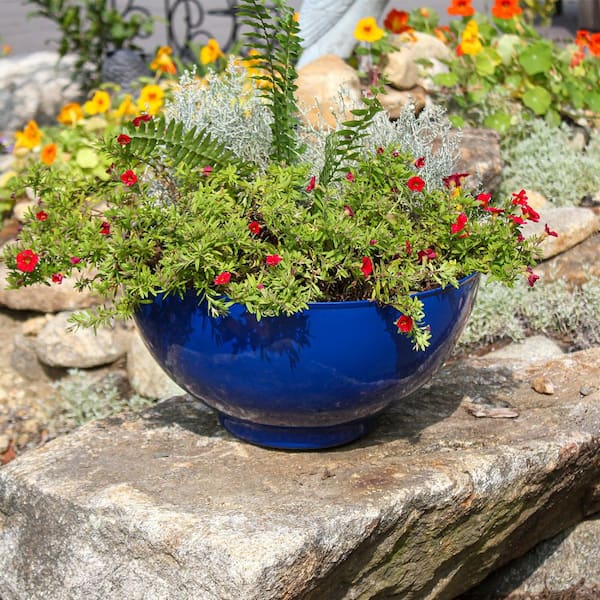 16 in. W Decorative Pots, 8 in. H Round French Blue Iron Bowl Planter, Indoor Outdoor Use, Garden Accent