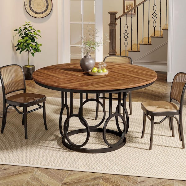 Lesley Classic Style Brown Wood 47.2 in. Column Dining Table, Kitchen Table, Dinner Table with Metal Base Seats 4-6