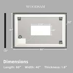 60 in. W x 40 in. H Rectangular Alluminum Framed Anti-Fog LED Lighted Wall Bathroom Vanity Mirror in Matt Black