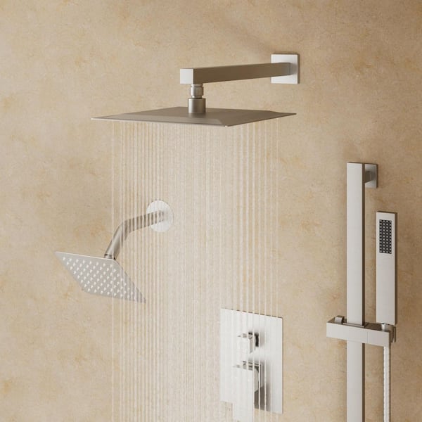 3-Spray 10 and 6 in. Wall Mount Dual Shower Heads and Handheld Shower Head in Brushed Nickel (Valve Included)