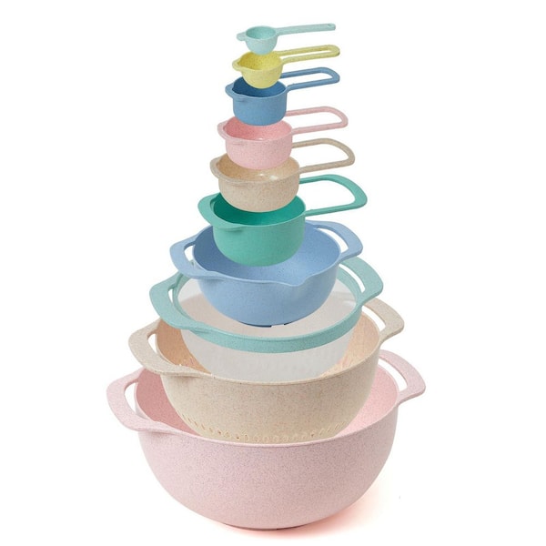 10-Piece Plastic Mixing Bowl Set Colorful Nesting Kitchen Bowls with Colander Sifter Measuring Spoons