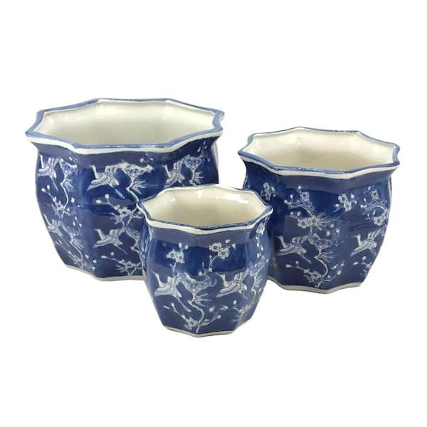 Galt International Set of 3-7.5 in. / 10 in. / 13 in. White and Blue Crane  Ceramic Chinoiserie Planter Pot Set CZ68195AM - The Home Depot