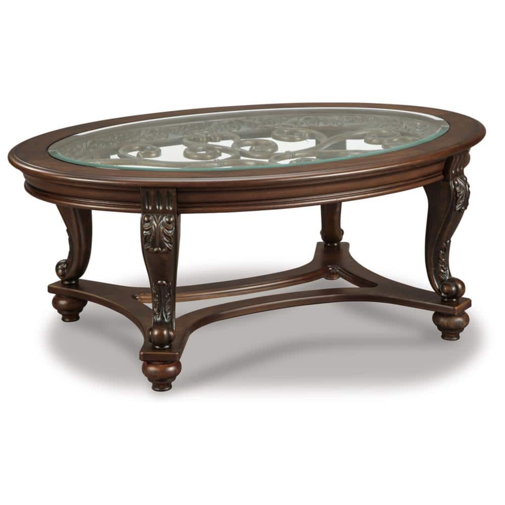 Brown Oval Wood and Glass Cocktail Table
