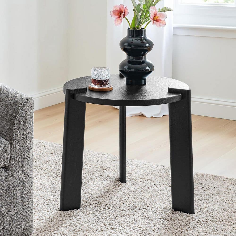JAYDEN CREATION Ian 22 in. Black Round Wood End Table with Faux Brass ...