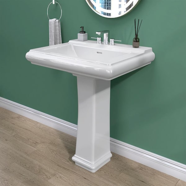 Getpro Modern White Vitreous China Rectangular Pedestal Ceramic Vessel Combo Sink with Centerset 3-Faucet Holes and Overflow