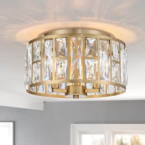 12 in. 3-Light Round Modern Gold Drum Flush Mount Ceiling Light with Clear Crystal Shade