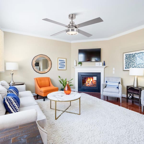 52 in. Indoor 4-Blade Modern Satin Nickel Ceiling Fan with Integrated LED Light and Remote Control