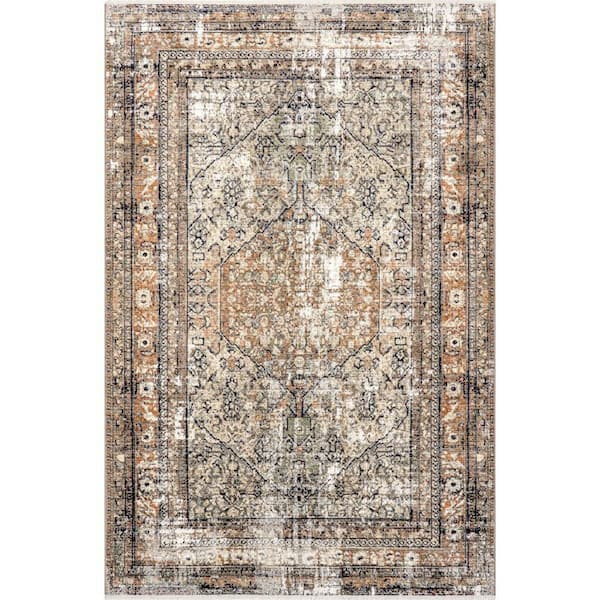 Charvi Beige Distressed Medallion Fringe Area Rug Multicolor 6' 4" ft. x 6' 4" ft. Area Rug