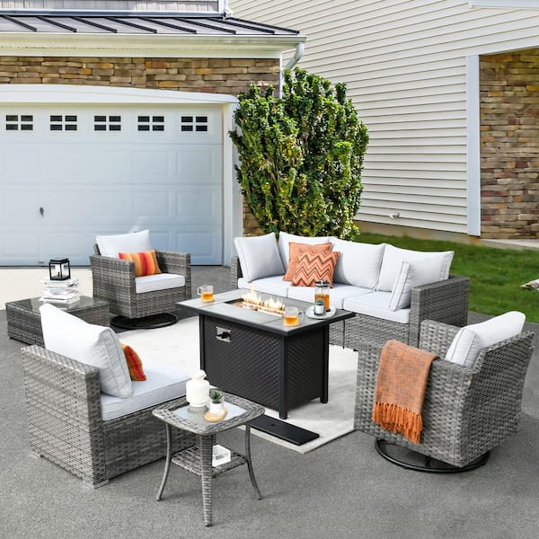 XIZZI Harlotte 9-Piece Wicker Patio Rectangular Fire Pit Set with Gray Cushions and Swivel Rocking Chairs