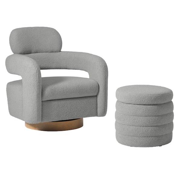 Bayville Modern 2-Piece Sherpa Swivel Barrel Chair Set With Round Storage Footstool Ottoman in Light Gray