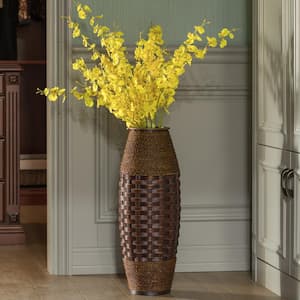 26 in. Tall Brown Antique Cylinder Style Floor Vase For Entryway or Living Room Bamboo Rope