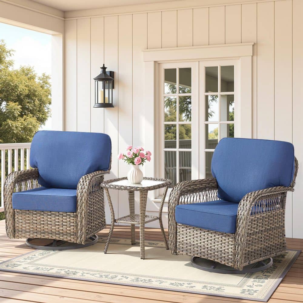 Tyber 3-Piece Gray Wicker Outdoor Rocking Chair Set Patio Swivel Glider Lounge Chair with Blue Cushions and Side Table price history on PriceWatchPro