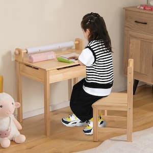 2-Piece Wood Top Toddler Multi Activity Table with Chair Kids Art and Crafts Table with Paper Roll Holder