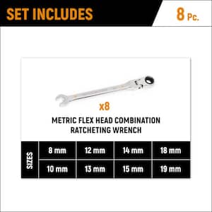 Metric 90-Tooth Flex Head Combination Ratcheting Wrench Tool Set with Tray (8-Piece)