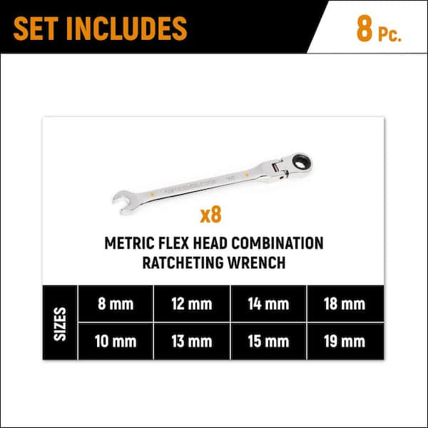 Metric 90-Tooth Flex Head Combination Ratcheting Wrench Tool Set with Tray (8-Piece)