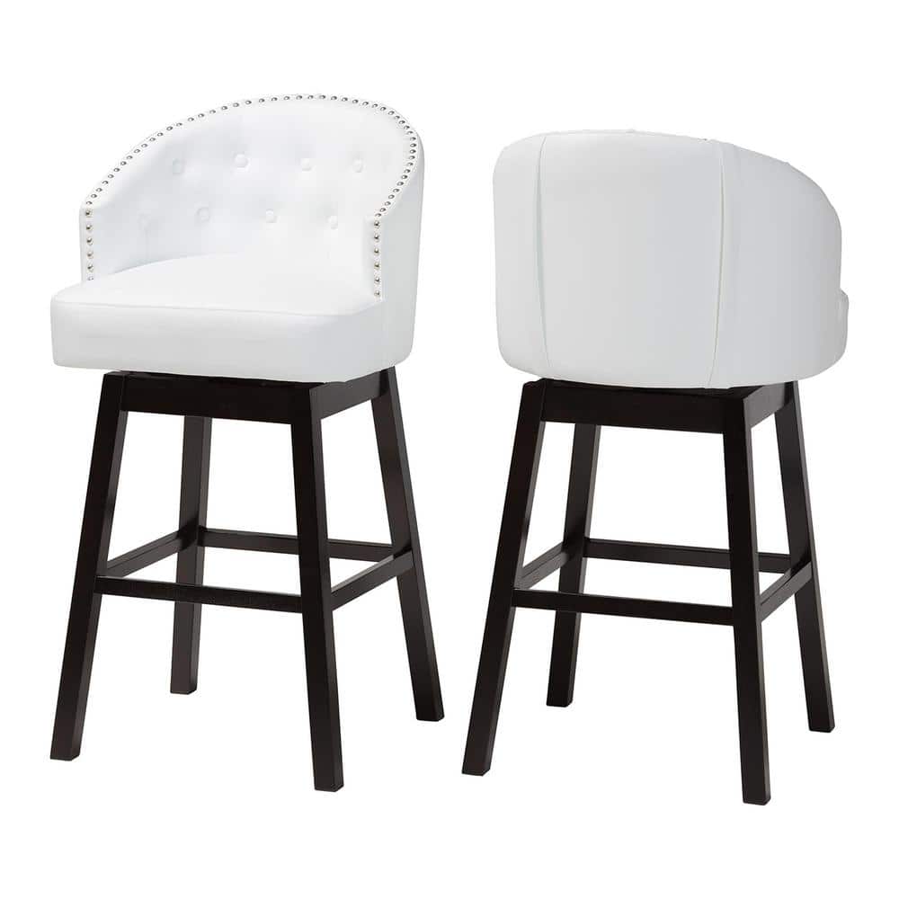 Set of 2 White Faux Leather Tufted Swivel Barstools with Nailhead Trim