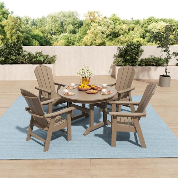 WESTIN OUTDOOR Laguna Outdoor Patio Adirondack Weather Resistant Weatherwood 5-Piece HDPE Plastic Round Table Dining Set