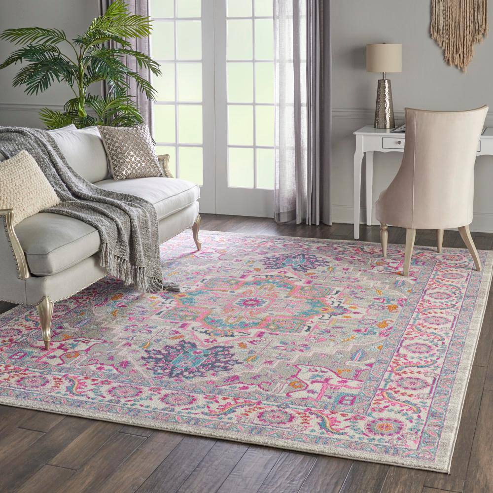 Light Grey and Pink Geometric Synthetic 8' x 10' Area Rug