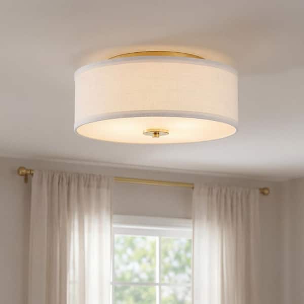 Inspire Collection 2-Light Satin Brass Summer Linen Shade Transitional Kitchen Ceiling Light Drum Flush Mount