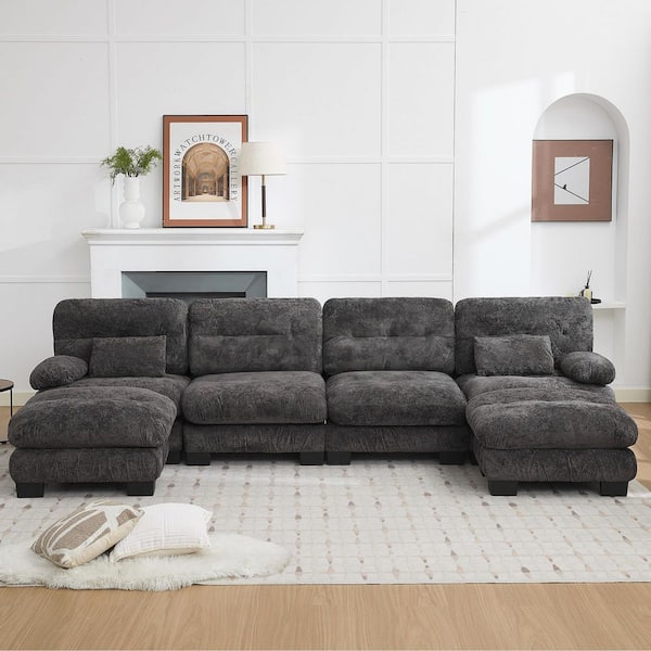 135.04 in. Dark Gray Pillow Top Arm Modular U-Shaped Chenille Sectional Sofa, 6-Seater Couch with Double Ottomans