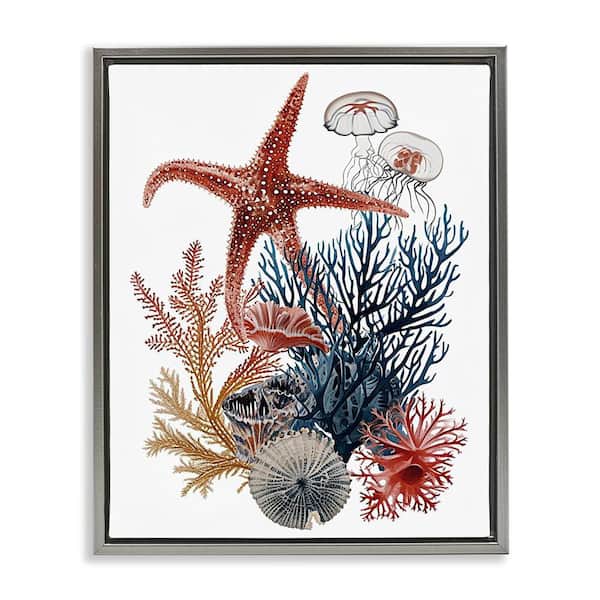 Natural Aquatic Sea Creatures by Ramona Murdock Gray Floater Frame Animal Graphic Art Print 31 in. x 25 in.