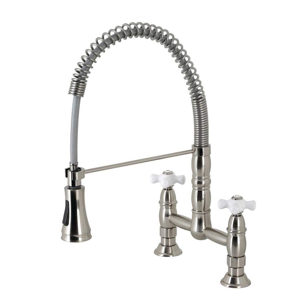 Kingston Brass Heritage DoubleHandle Pull Down Sprayer Kitchen Faucet in Brushed Nickel